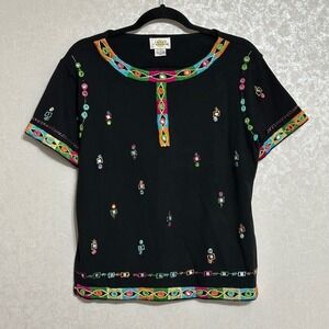 Sandy Starkman Embroidered Mirror Work Cotton Artisanal Boho Top Black VTG XL